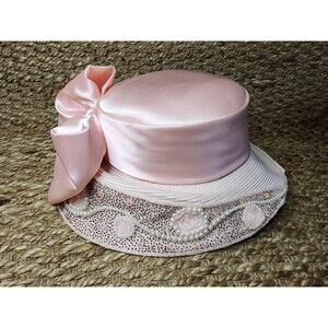 VINTAGE WHITTALL & SHON Pink Beaded Pearls Women's Bell Hat Derby Wedding Church